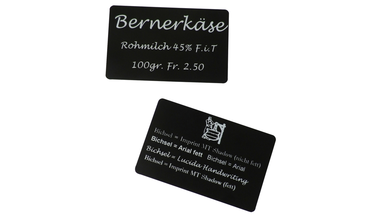 678180 Beschriftungskarte PVC, schwarz, 86 x 54 mm, bedruckt:
678180 Panneau à fromage, PVC, noir, 86 x 54 mm, imprimé: